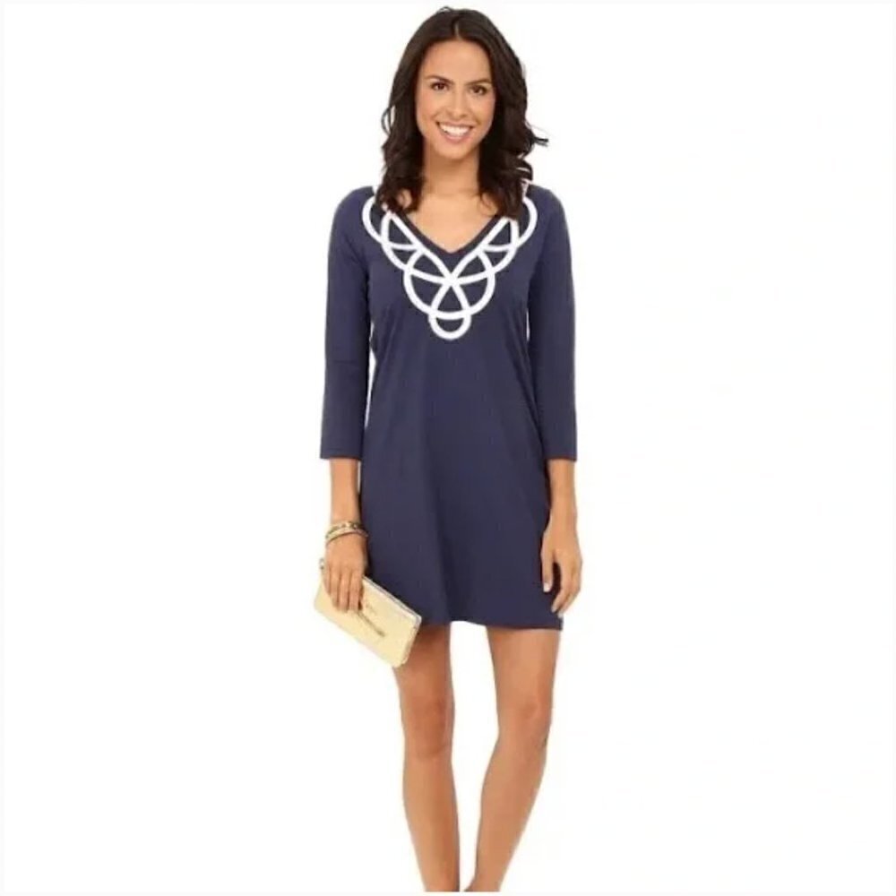 Lilly Pulitzer Blaire Dress Pima Cotton V Neck 3/4 Sleeve True Navy, Medium